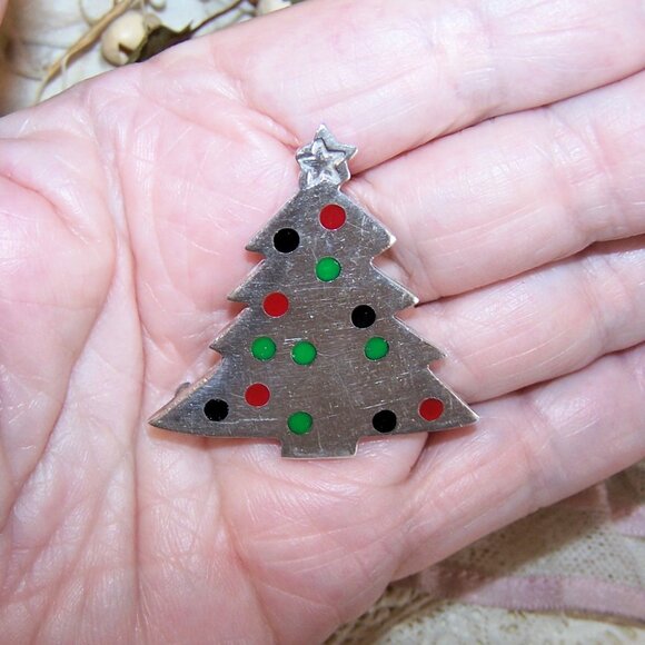 Vintage Sterling Silver Enamel Christmas Tree Pin Brooch - Picture 3 of 6